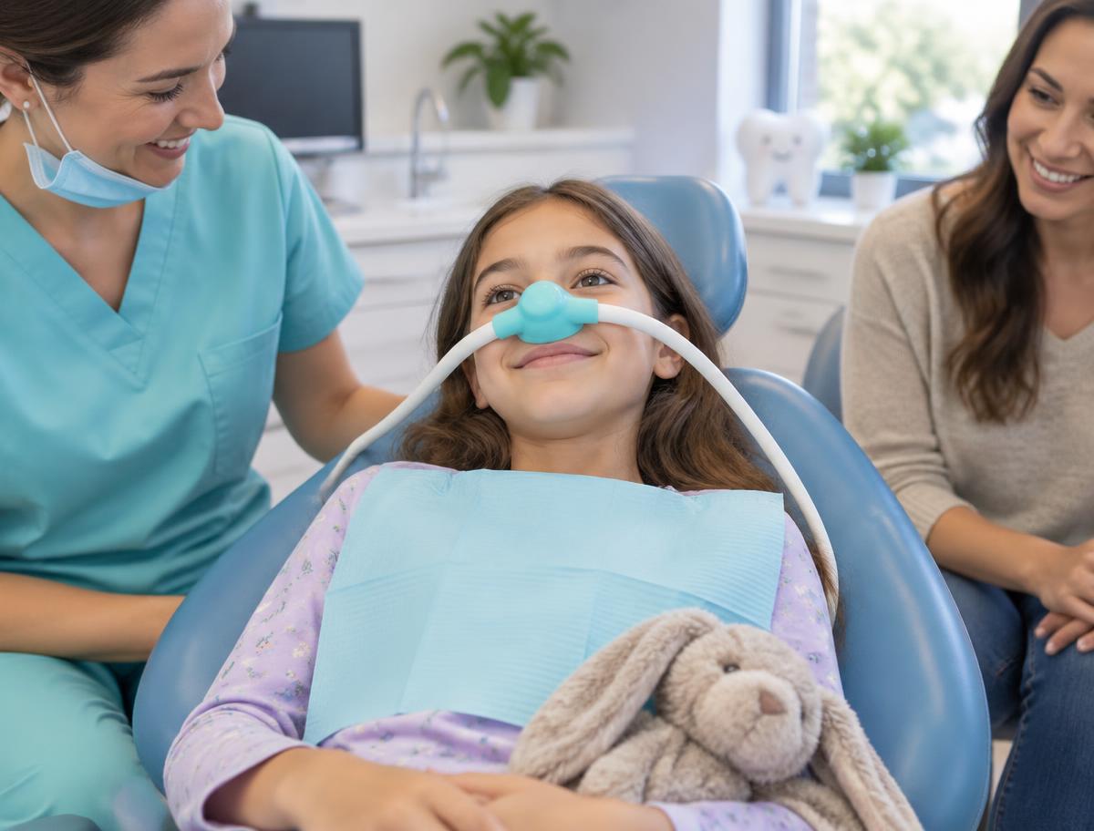 An awake child wears a small nose hood for laughing gas.