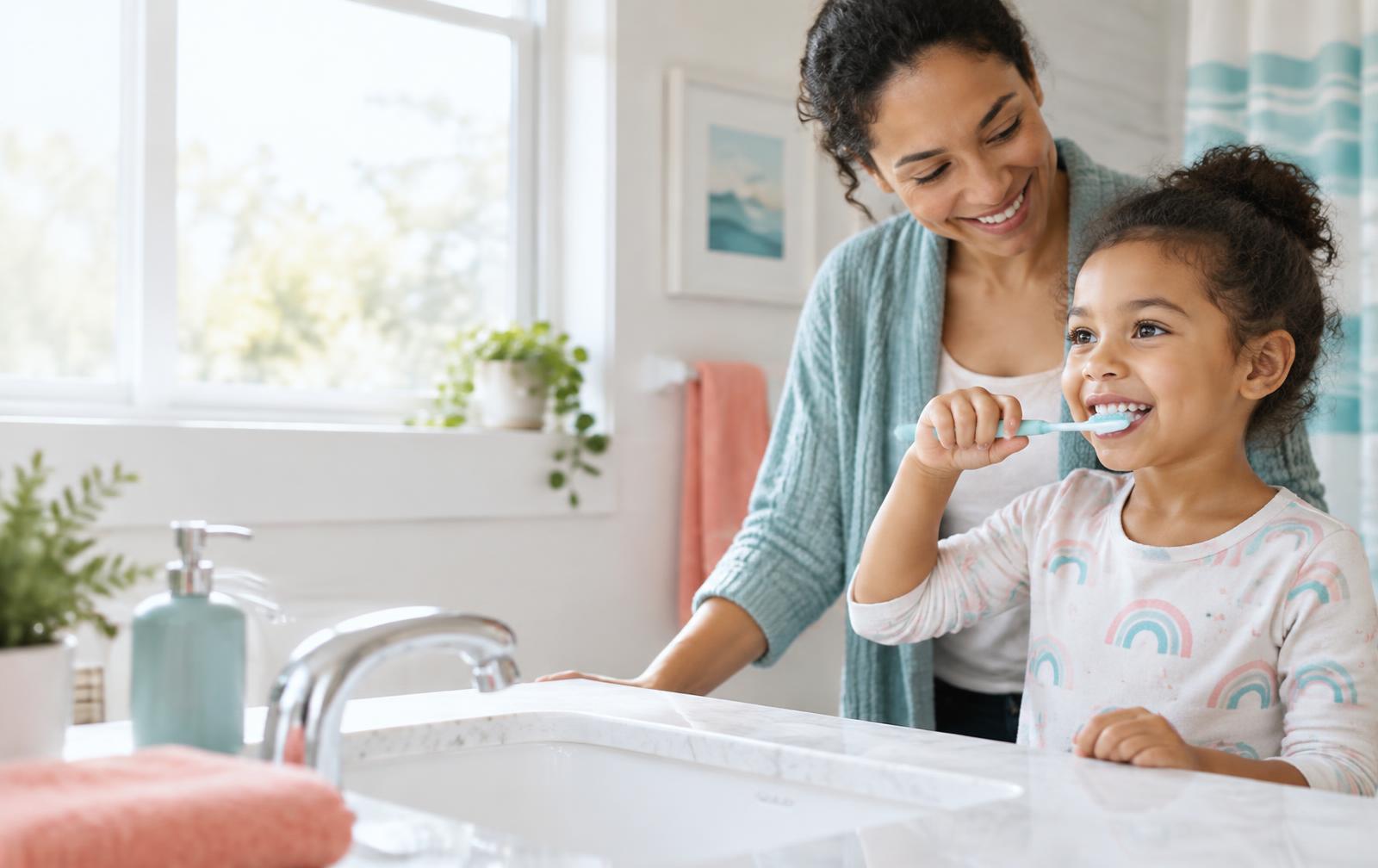 A parent helps her young child brush her teeth