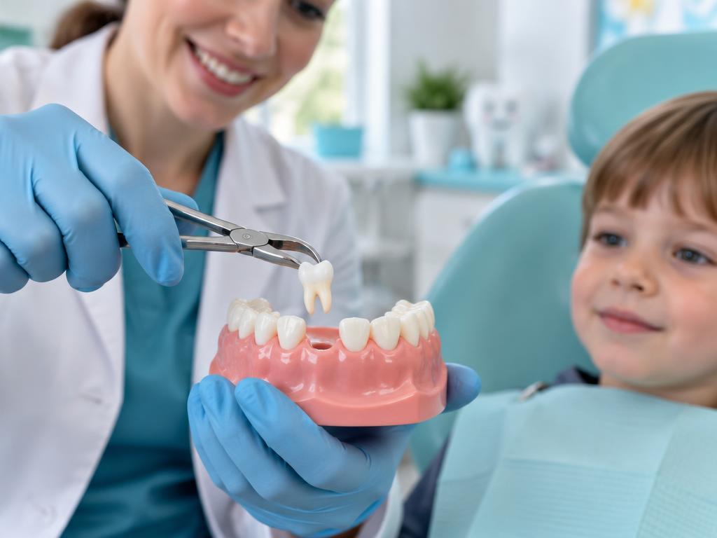 A dentist shows baby tooth removal on a small dental model.