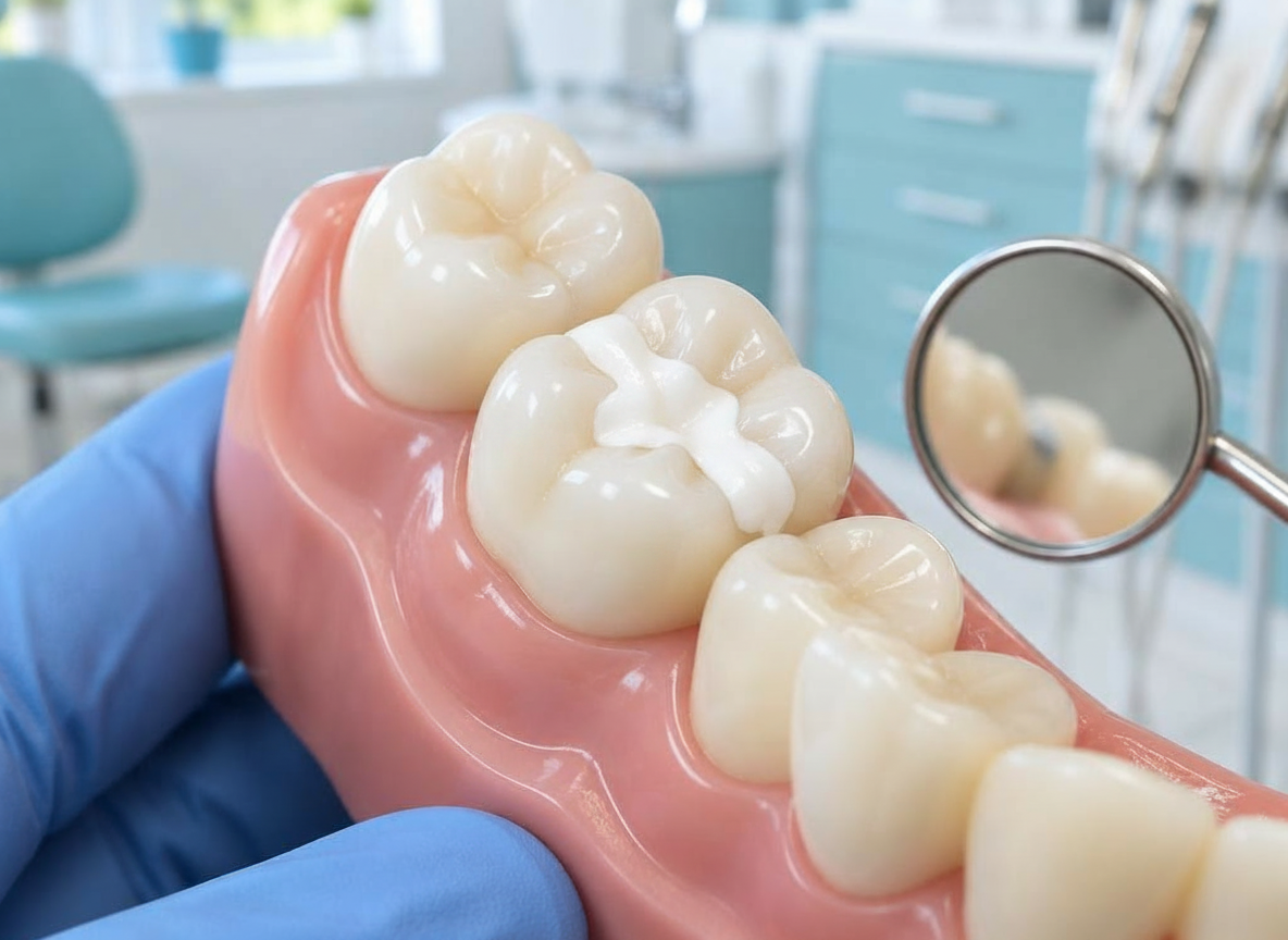 A tooth-colored filling repairs the chewing surface of a tooth.