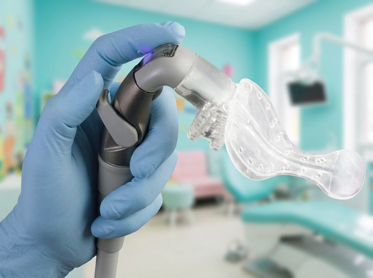 A gloved hand holds a suction handpiece with a soft clear mouthpiece that keeps the cheek and tongue out of the way.