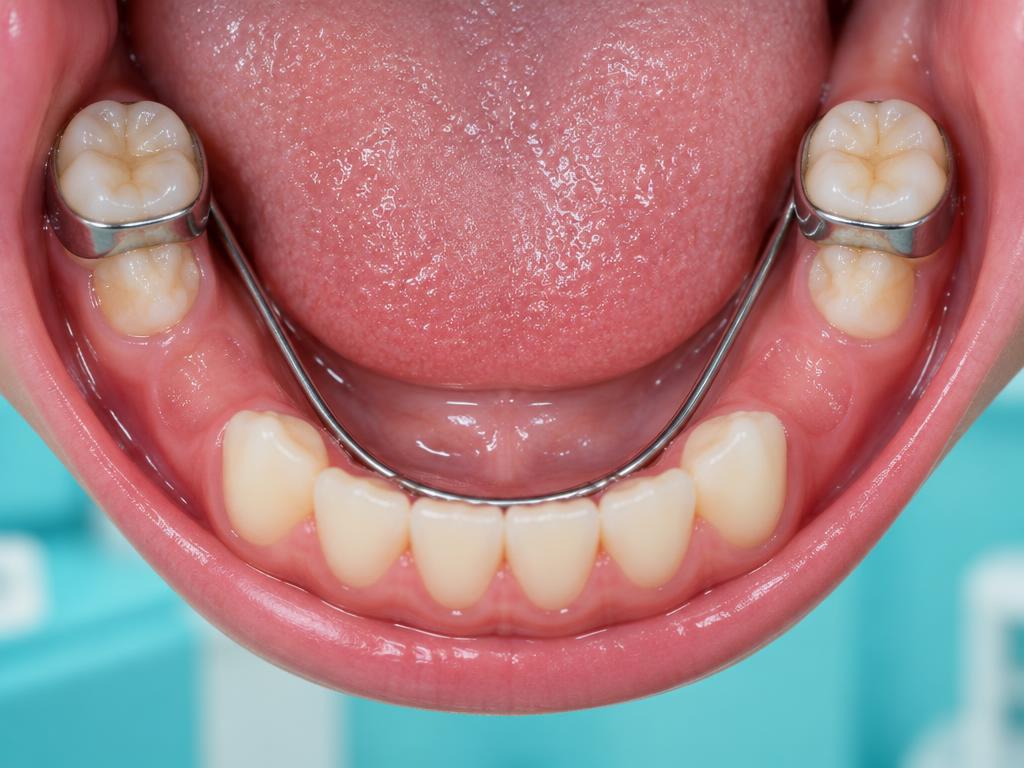 A wire follows the inside of the lower teeth and joins bands on the back molars.