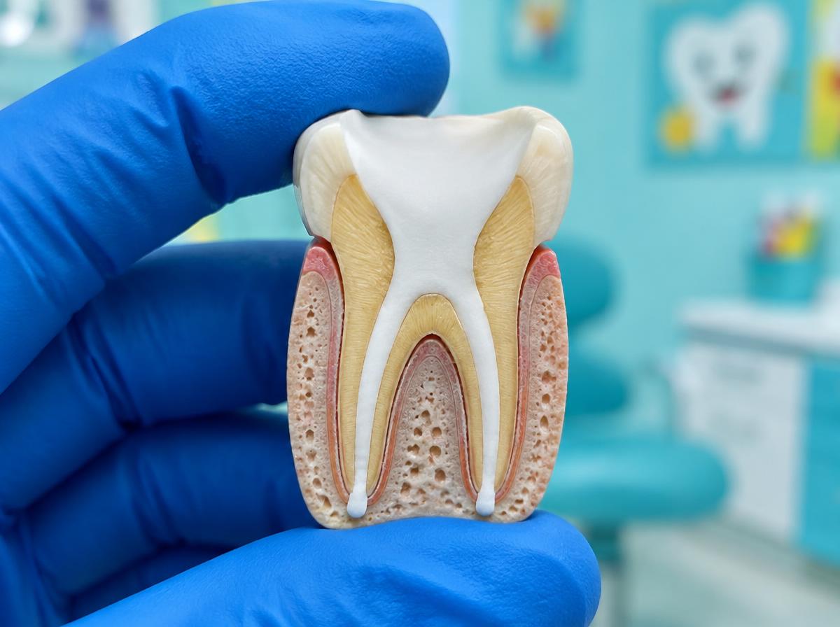 A cutaway tooth model shows filling material in the top chamber and root canals.